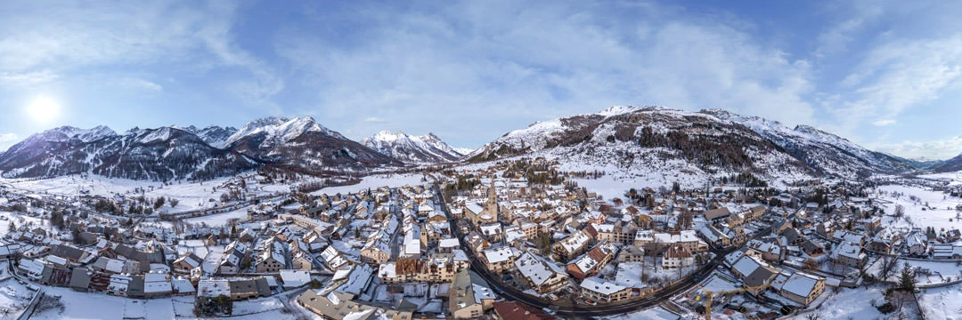 Aerial 360 panoramic photography over the French Alps at Monetier