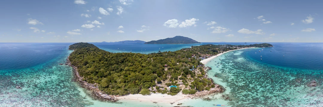 Aerial 360 panoramic view of a tropical island beach in Southeast Asia
