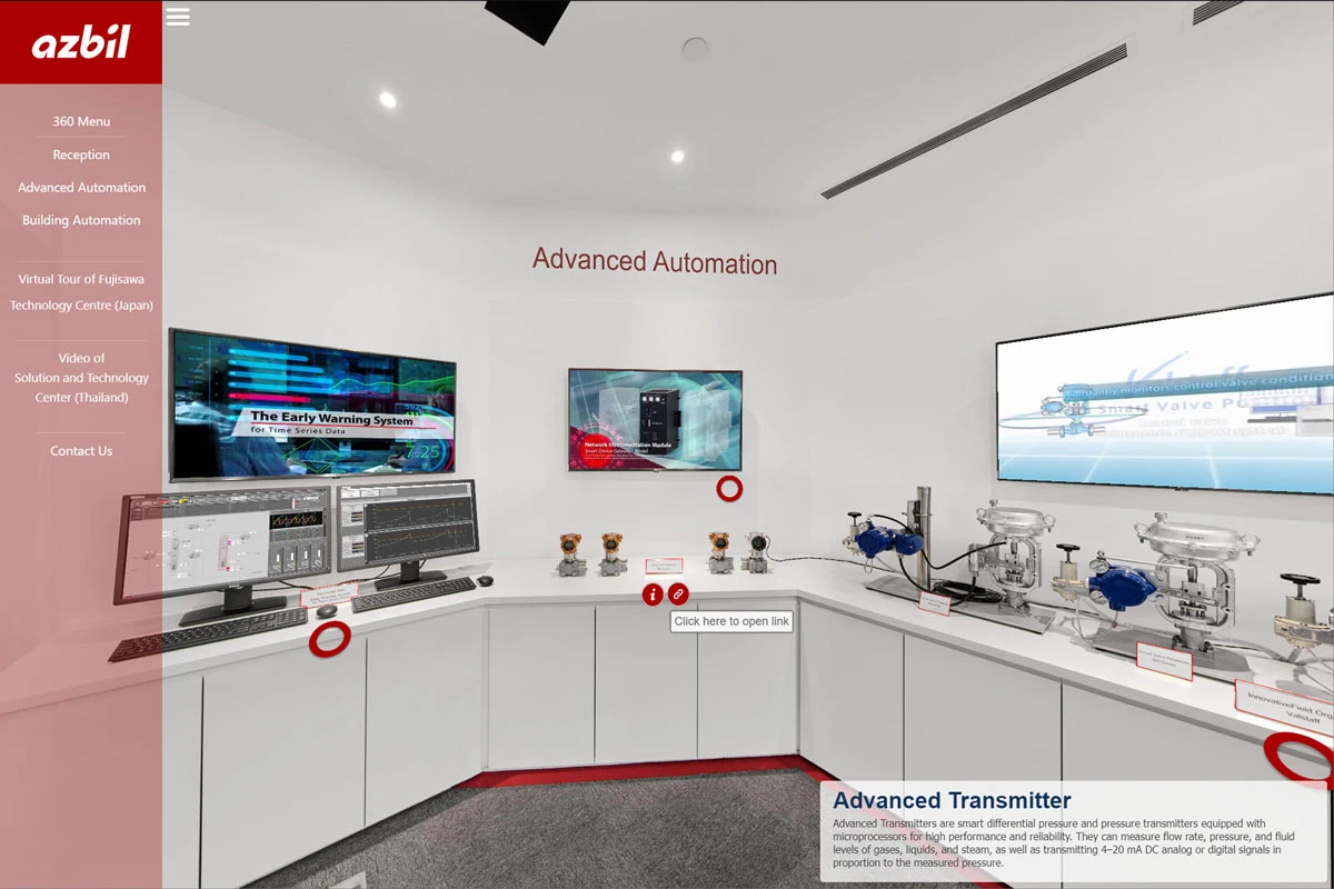 Virtual tour interface of a corporate showroom displaying pressure transmitters on a white counter, monitoring screens, product info popup, and left-side navigation panel.