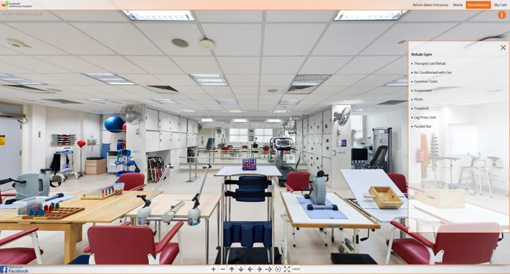 Rehabilitation gym with therapy equipment and parallel bars — Bright Vision Hospital Singapore healthcare virtual tour