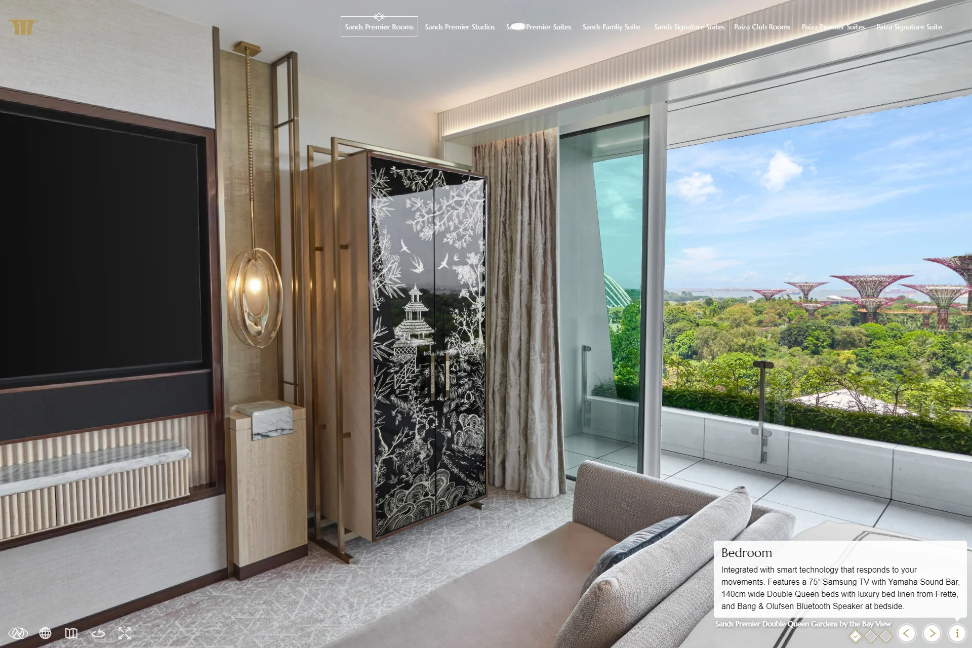 Marina Bay Sands Premier Double Queen Garden View bedroom with the decorative minibar closed