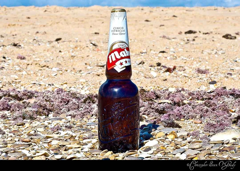 Mahou Cinco Estrellas beer bottle on a sandy beach with pebbles and seaweed
