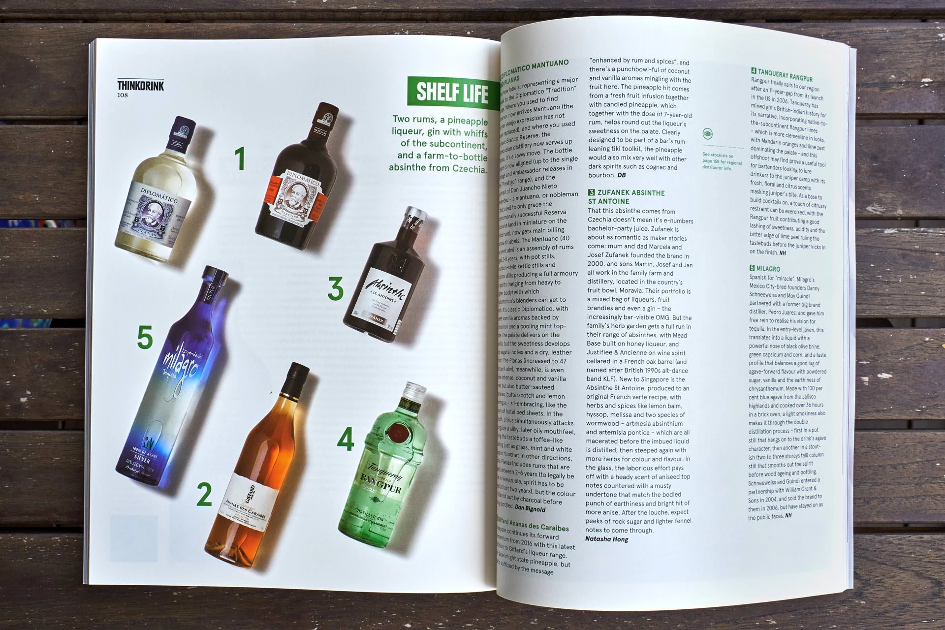 Spirits editorial spread with bottle lineup and magazine layout