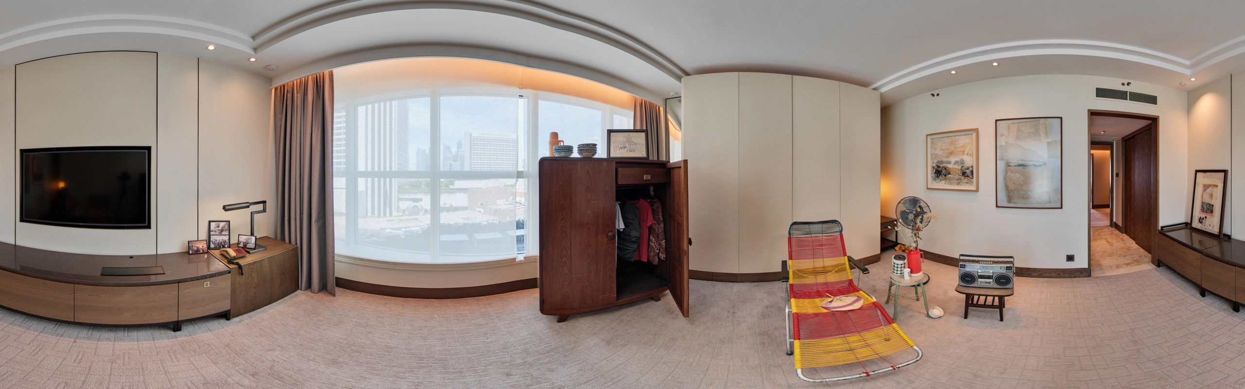 Panoramic view of a #GBK85 exhibition suite with Goh Beng Kwan artworks and archival domestic objects