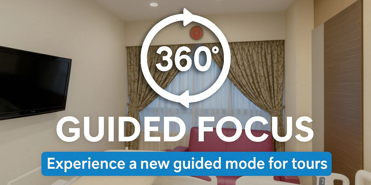 Promotional graphic with a 360-degree icon and text overlay on a background showing a hospital room with a wall-mounted TV and patterned curtains.