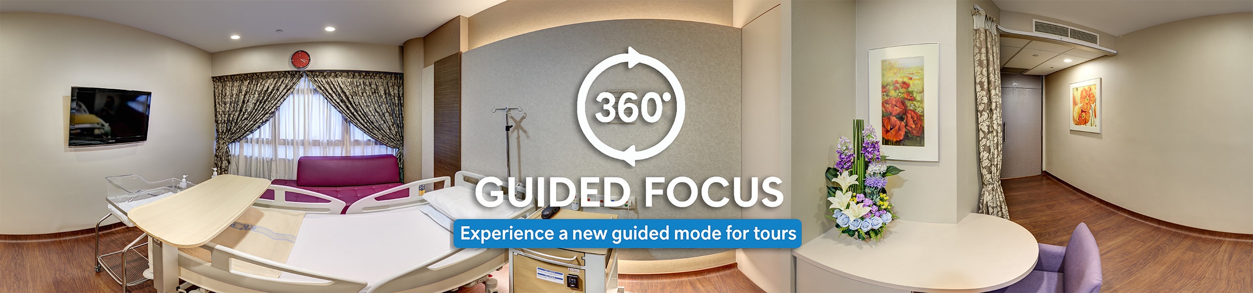 Panoramic hospital room with a bed, IV stand, recliner, wall-mounted TV, floral arrangement, and artwork, overlaid with a 360-degree guided focus graphic.