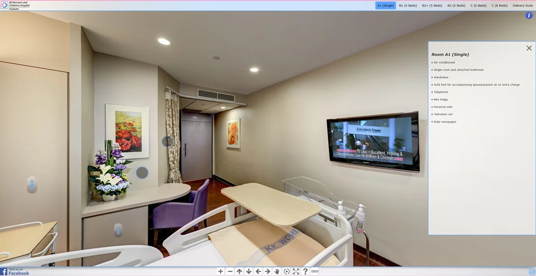 Virtual tour screenshot of a single hospital room showing a white bed, wall-mounted TV, flower arrangement, purple armchair, and room details panel