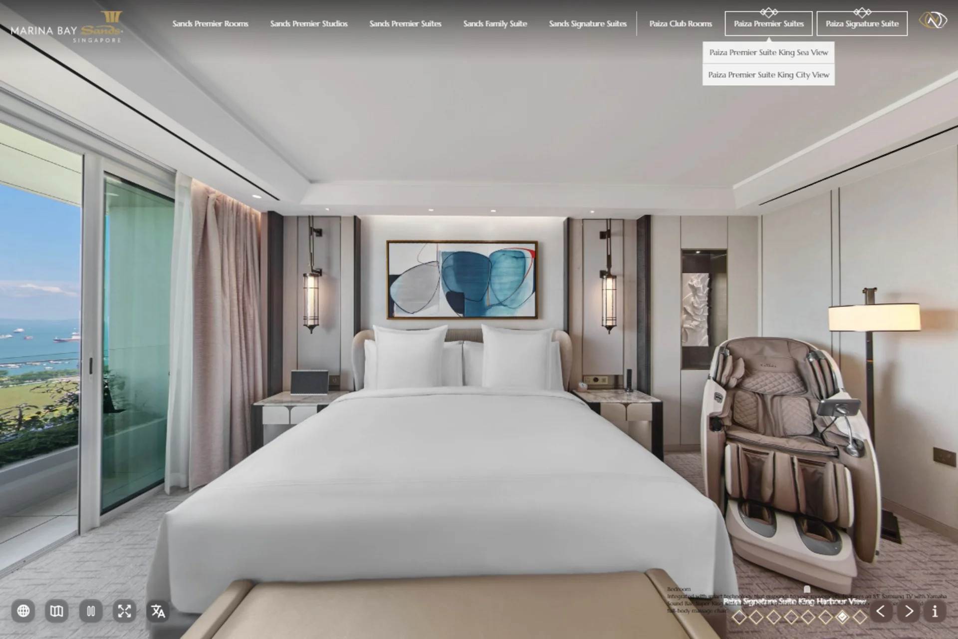 Marina Bay Sands virtual tour accommodation menu open over a Paiza Premier Suite bedroom