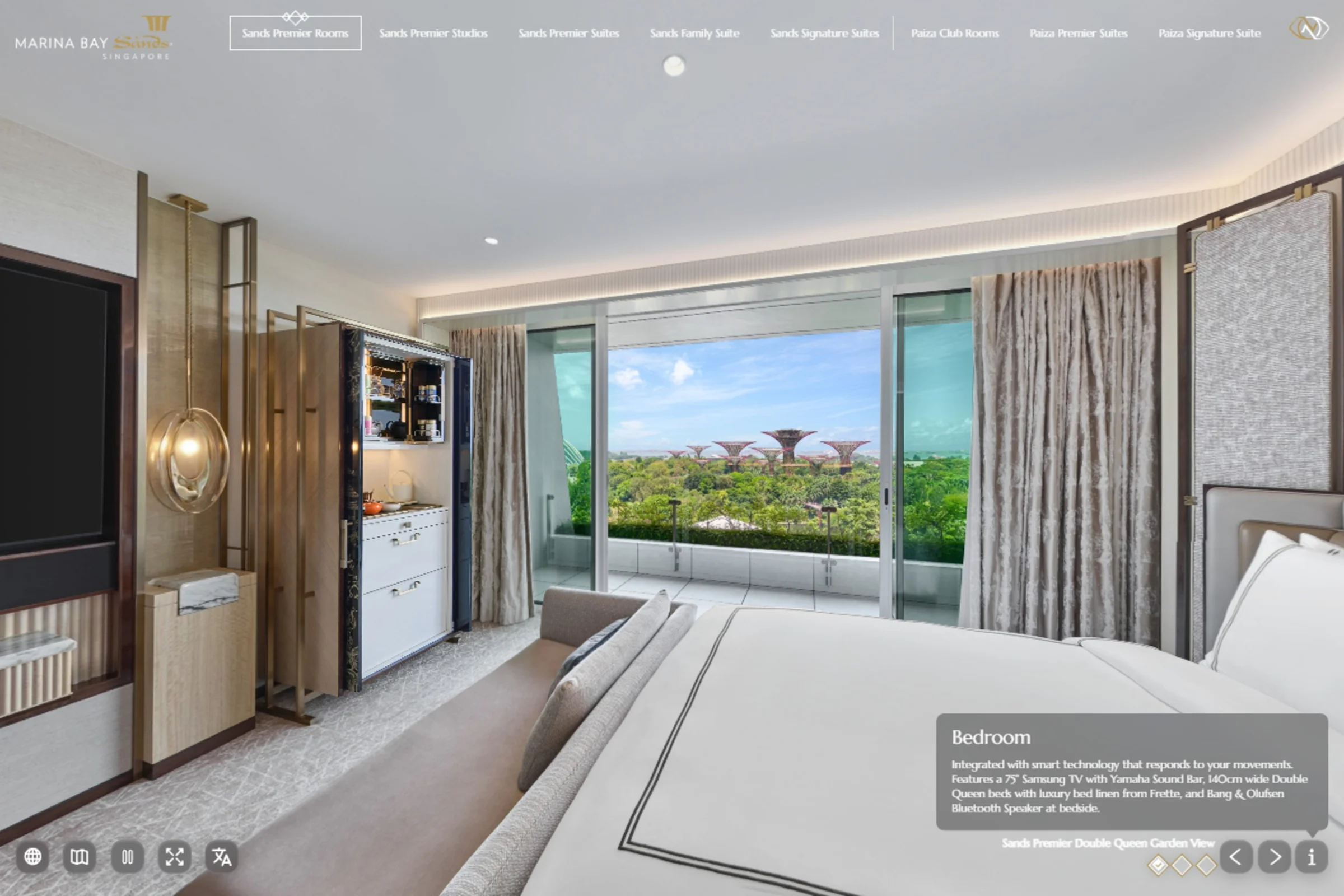 Marina Bay Sands Premier Double Queen Garden View virtual tour with room information and scene navigation