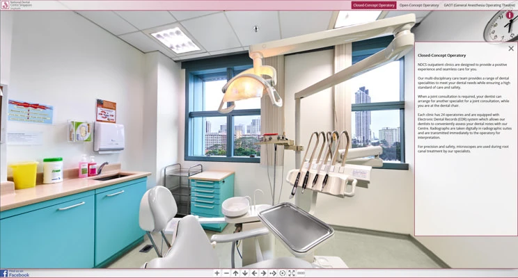 Dental operatory with patient chair and surgical lamp — National Dental Centre Singapore healthcare virtual tour