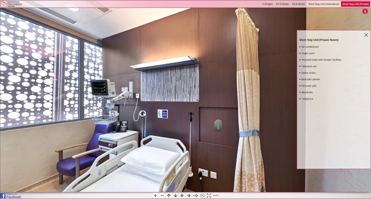 Private room with hospital bed and wood-panelled accent wall — National Heart Centre Singapore healthcare virtual tour