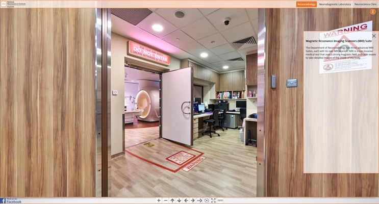 MRI suite entrance with scanner and control workstation — National Neuroscience Institute Singapore healthcare virtual tour