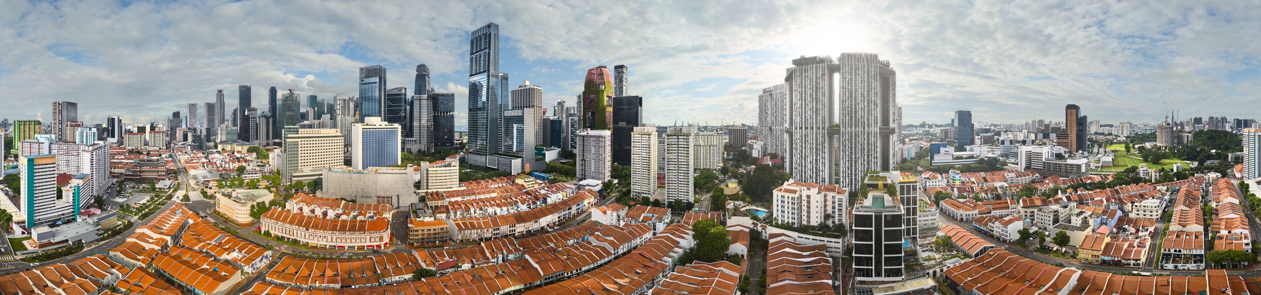 Aerial 360 panorama of Orchid Hotel Singapore with Chinatown shophouses and CBD skyline