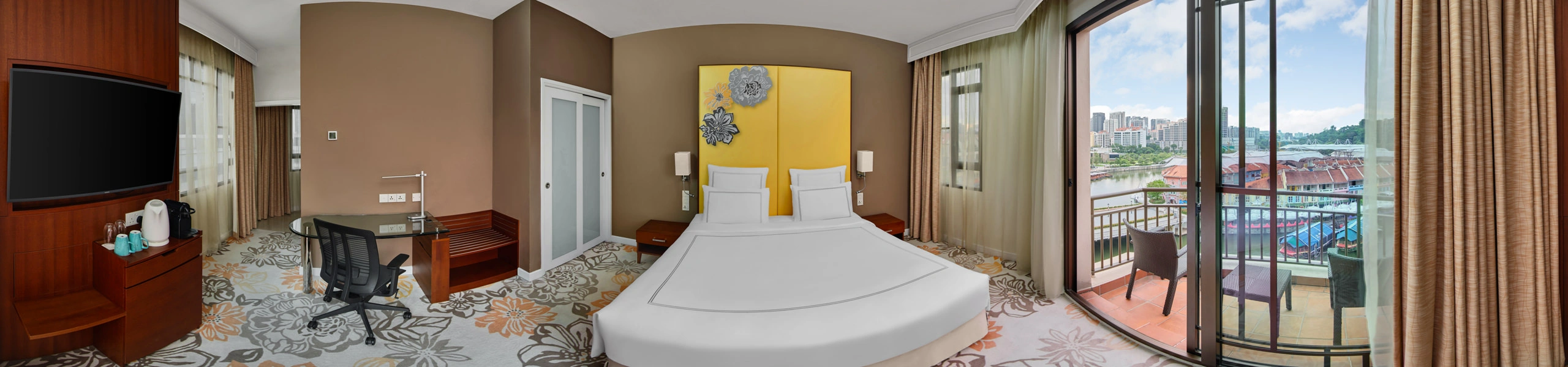 Paradox Singapore guest room 360 panorama with yellow headboard and Clarke Quay river views