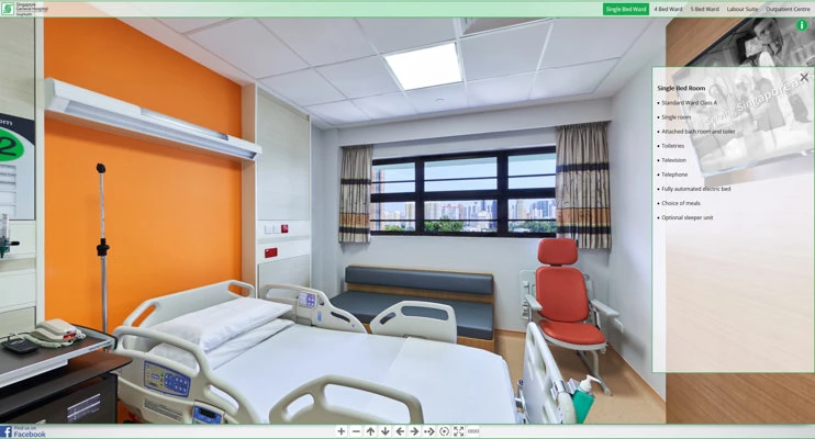 Single ward room with orange accent wall and city window view — Singapore General Hospital healthcare virtual tour