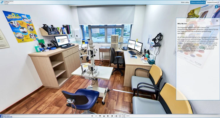 Ophthalmology consultation room with slit-lamp and workstations — Singapore National Eye Centre healthcare virtual tour