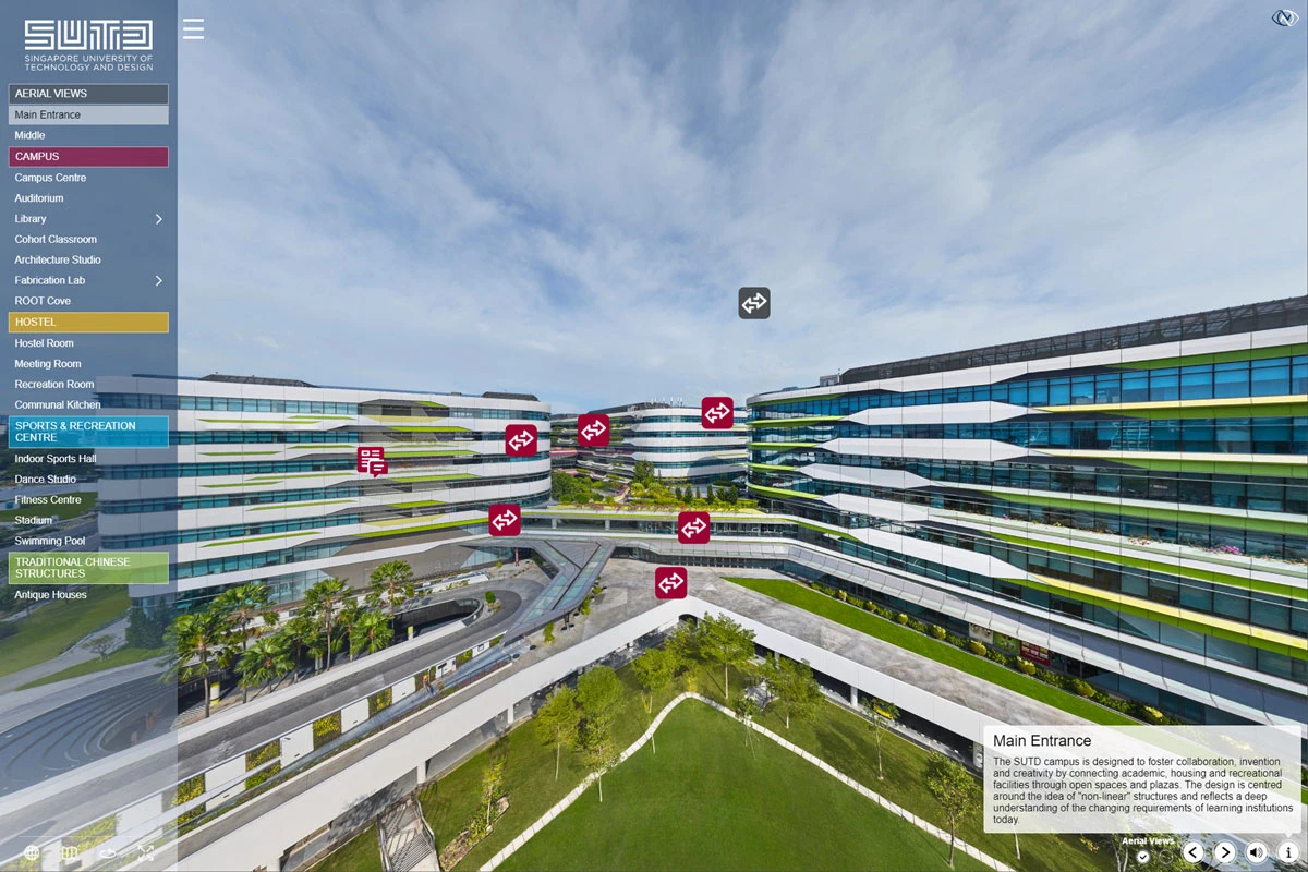 Aerial virtual tour view of a university campus with white tiered buildings, green courtyards, interactive navigation hotspots, and an information panel at lower right.