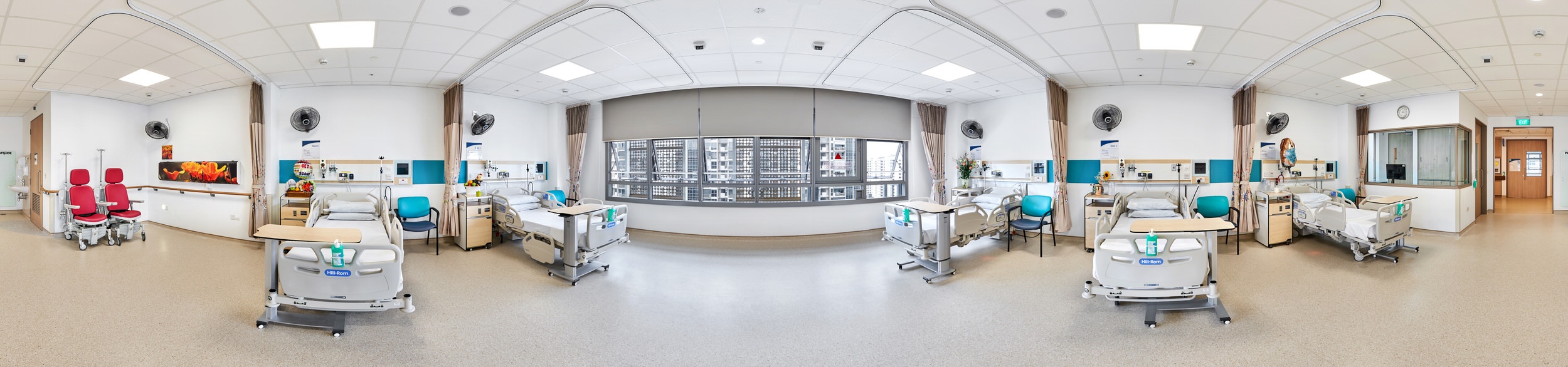 360 panorama of Sengkang General Hospital class C five-bed ward with adjustable beds, visitor chairs and natural light
