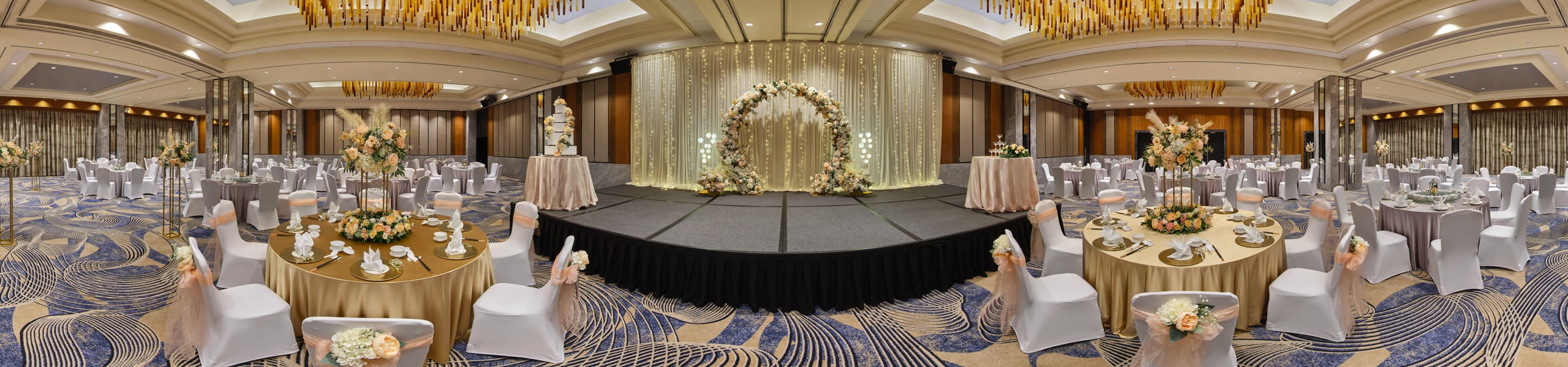 voco Orchard Singapore ballroom 360 panorama with round banquet tables and stage