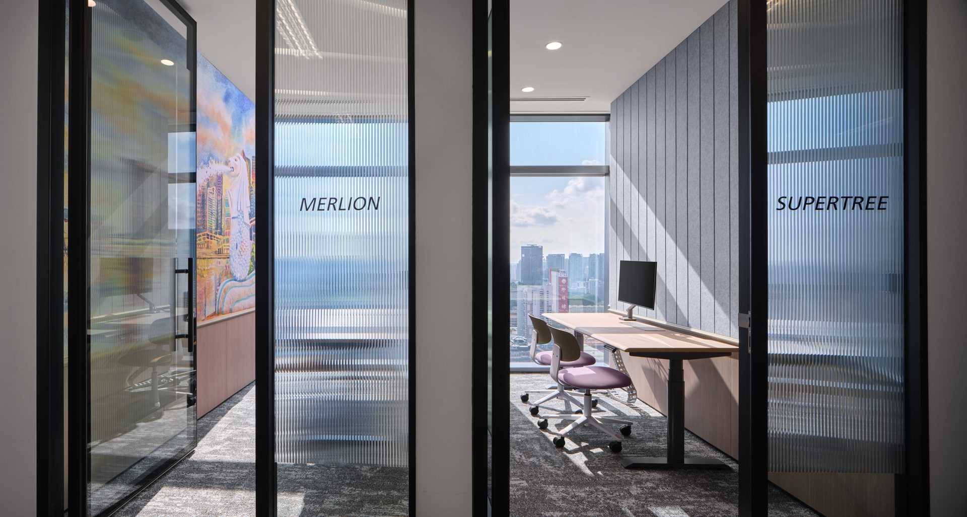 Merlion and Supertree focus pods with fluted glass partitions