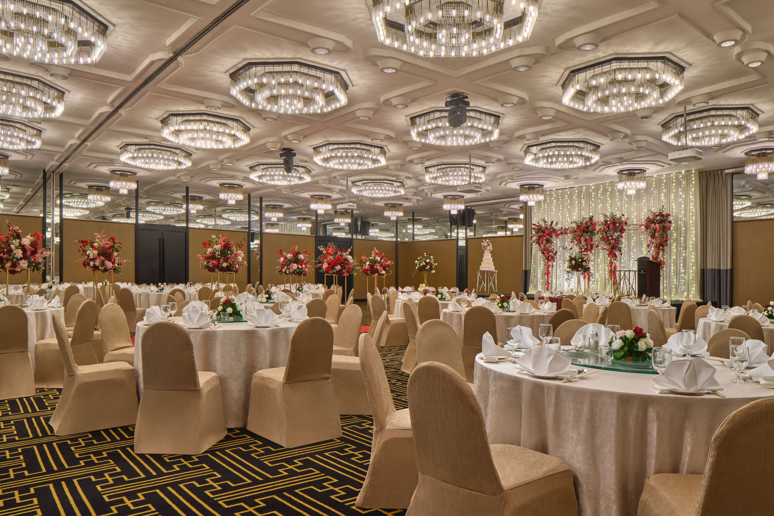 Side view of the Scarlett wedding setup at Concorde Singapore Hotel ballroom.