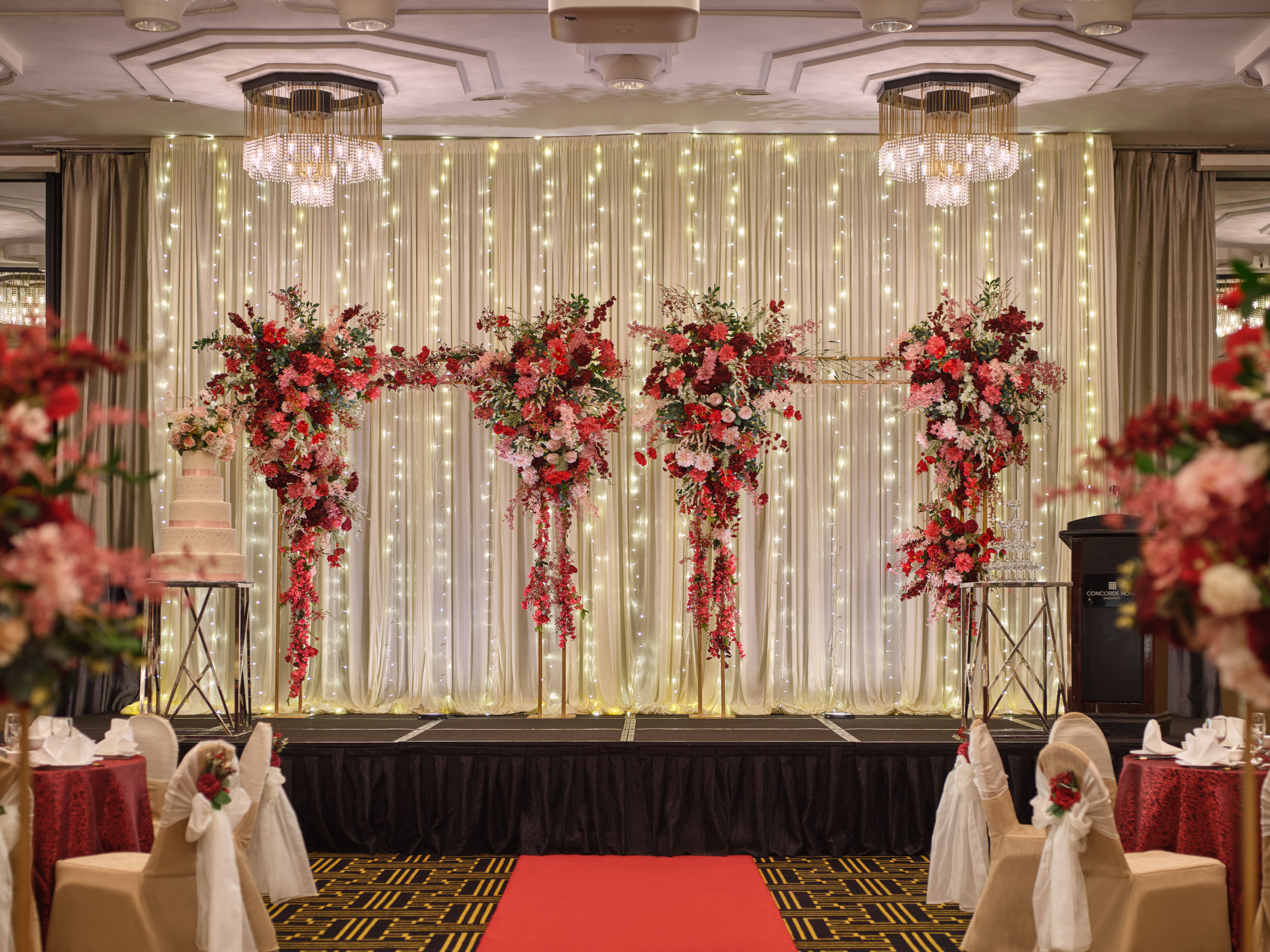 Stage view of the Rosa wedding setup in Concorde Singapore Hotel ballroom.
