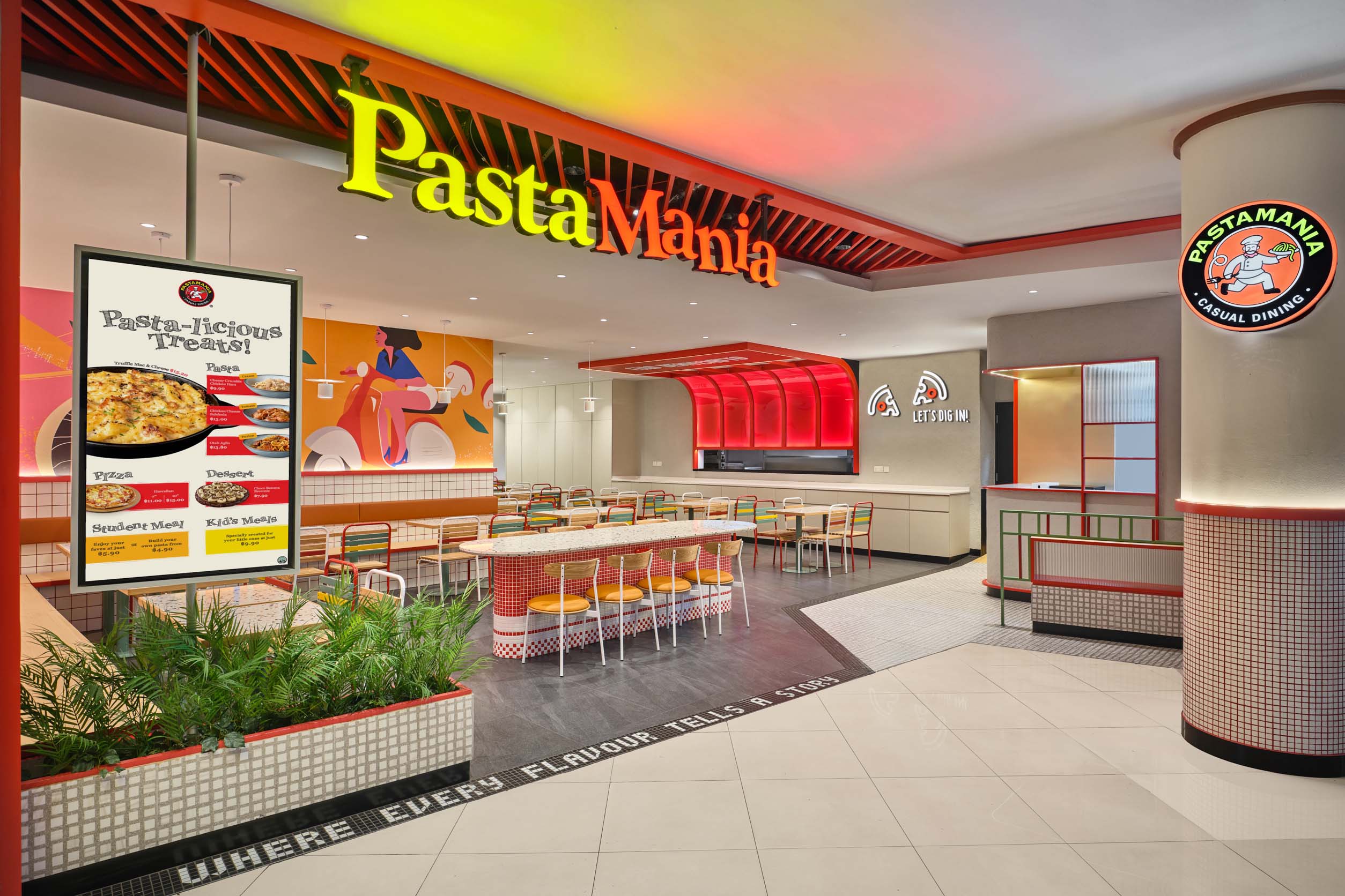 PastaMania Lot One storefront with illuminated signage, digital menu board, and terrazzo communal table